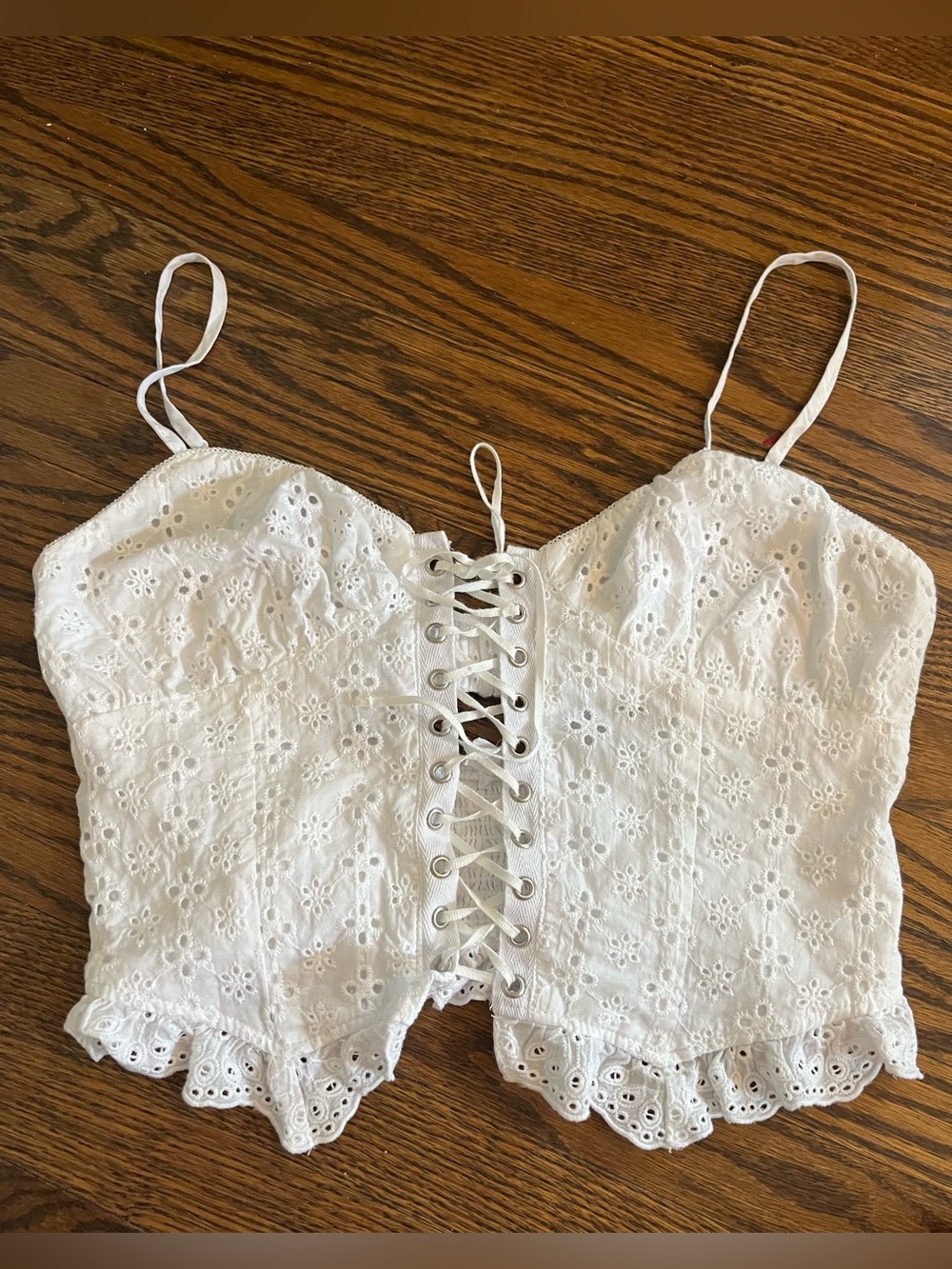 Garage White Eyelet Lace-Up Spaghetti Strap Bustier Corse Crop Top